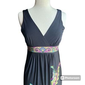 Sandra Darren 6 Black Colorful Paisley Surplice Neckline Sleeveless Maxi Dress